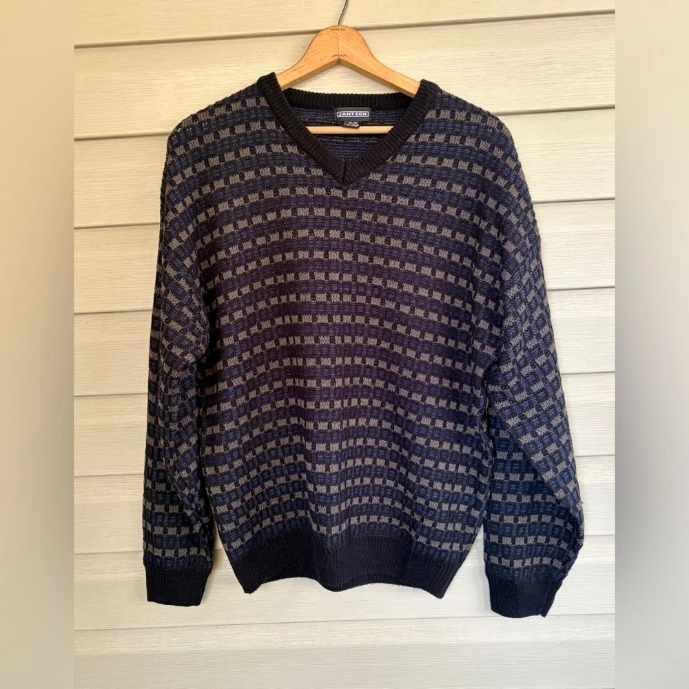 JANTZEN vintage men’s acrylic v-neck grandpa dad sweater blue geometric XL EUC